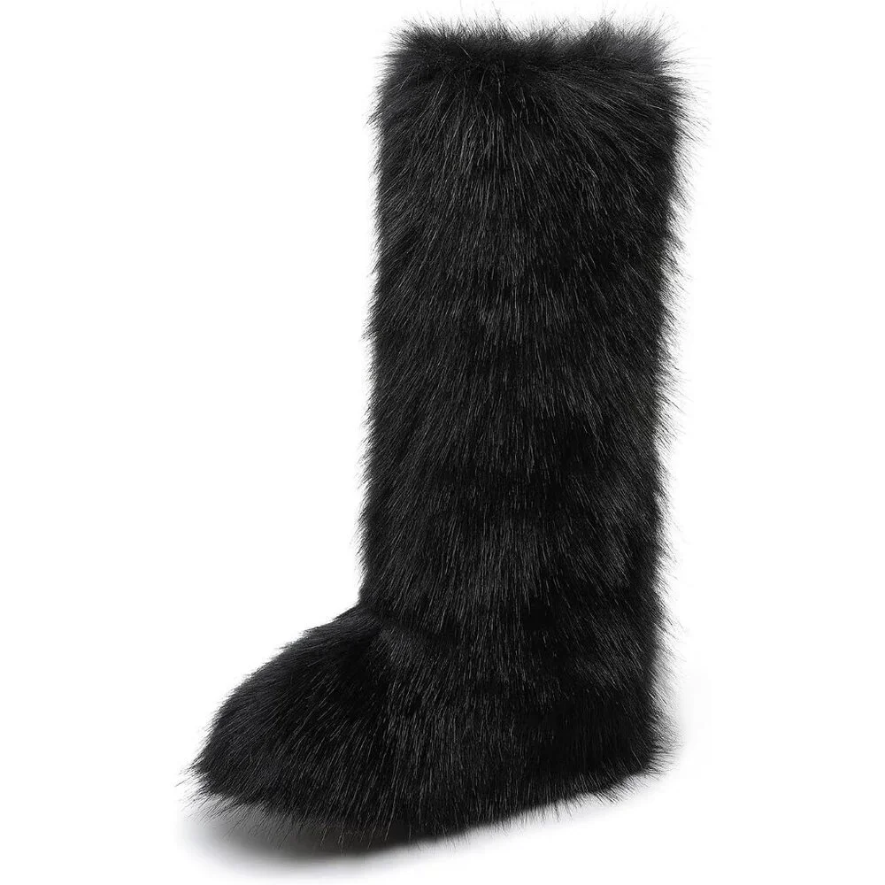 ⚡Women Black Faux Fur Fluffy Cosy Round Toe Knee High Warm Outdoor Fur Boot